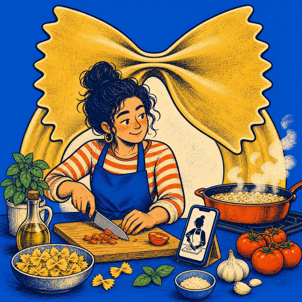 A home cook follows a phone video while chopping beneath an oversized farfalle.