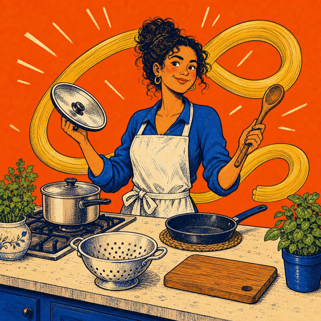 A relaxed cook uses a saucepan and frying pan arranged safely on the counter.