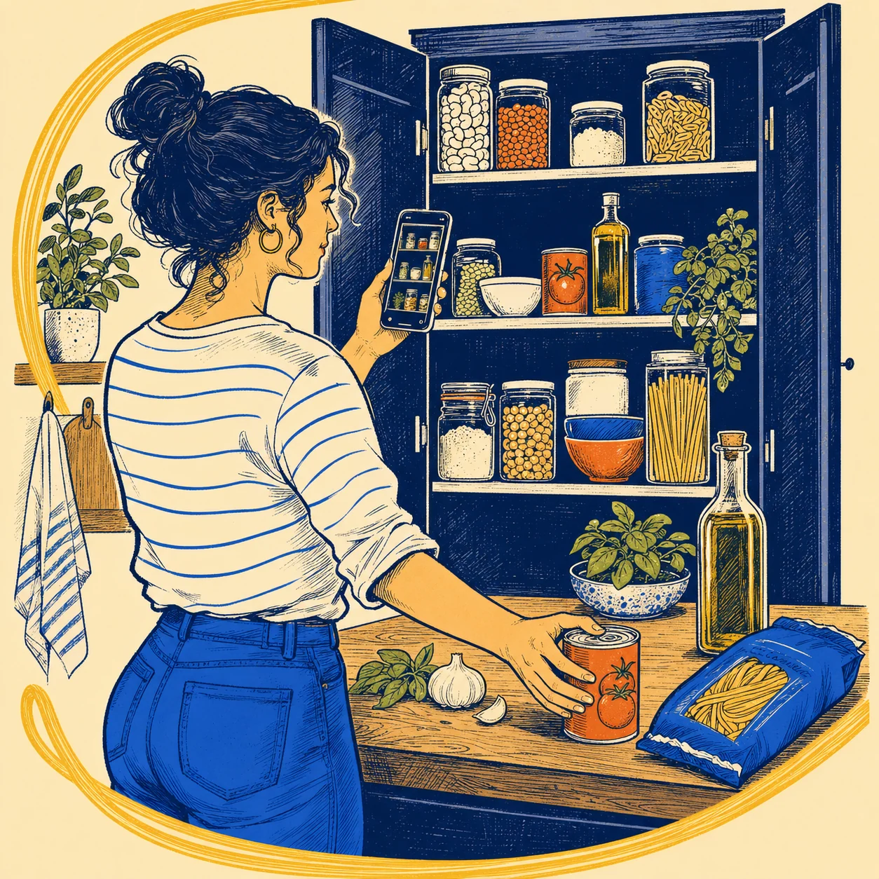 A home cook scans an open pantry and gathers pasta ingredients on the counter.