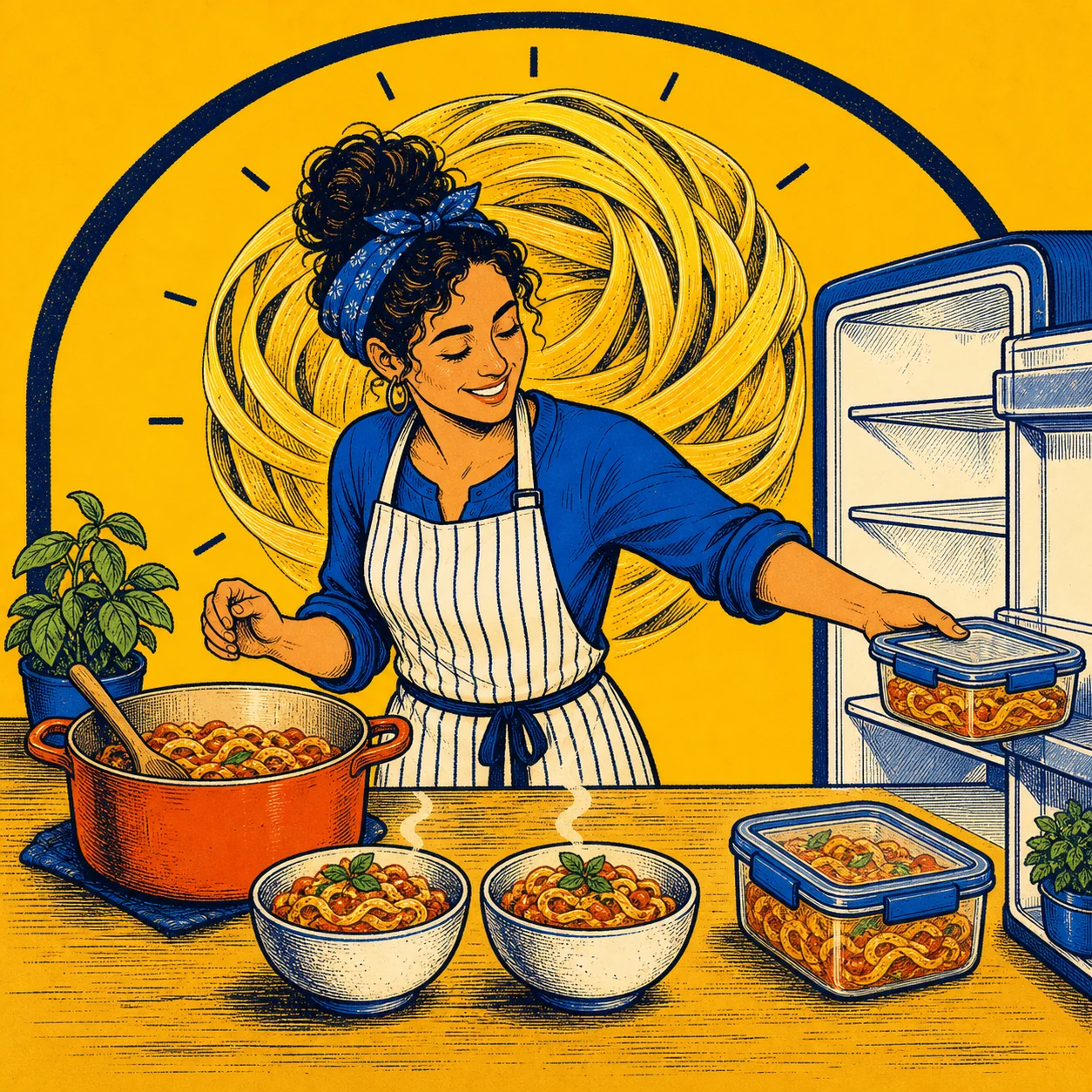 A cook serves two bowls and stores two sealed pasta portions in the fridge.